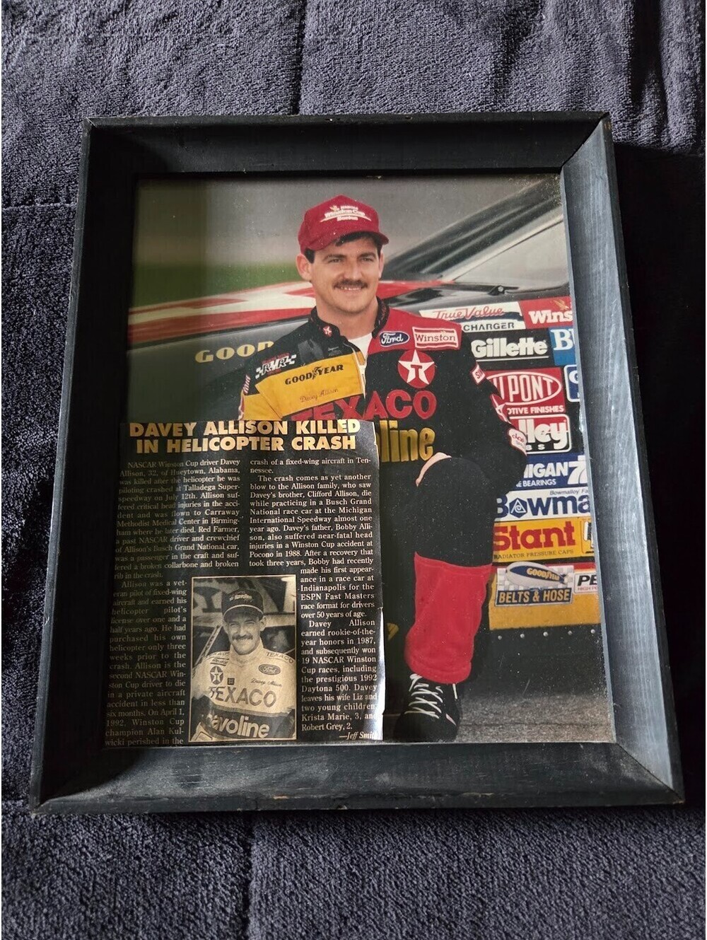 Davey Allison Framed Motorsport Tribute With Newspaper Clip and Race Photo